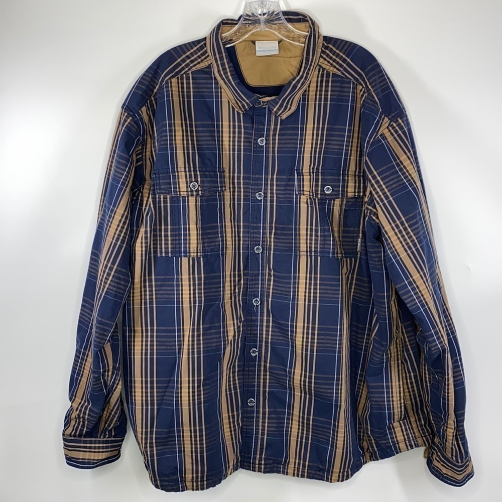 Columbia Blue & Tan Striped Thick Fleece Lined Button Up Shirt XXL